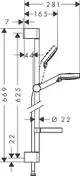 Hansgrohe Brauseset mit verstellbarer Brausestange, Halterungen, Brausekopf und Seifenschale in Weiß/Chrom, abgebildet in technischen Zeichnungen mit Maßangaben.